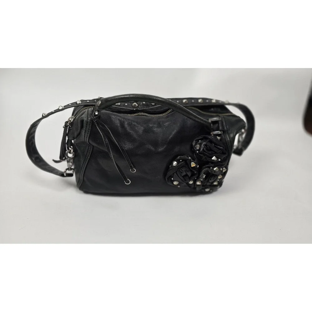Betsey Johnson Black‎ Lizard Embossed Satchel | Studded Rosette Leopard Interior